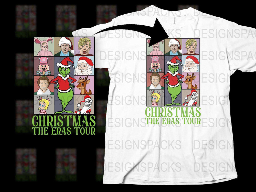Christmas Eras Tour T-Shirt, Santa, Grinch, Festive Holiday Design, Colorful Pop Culture Icons, Unisex Apparel