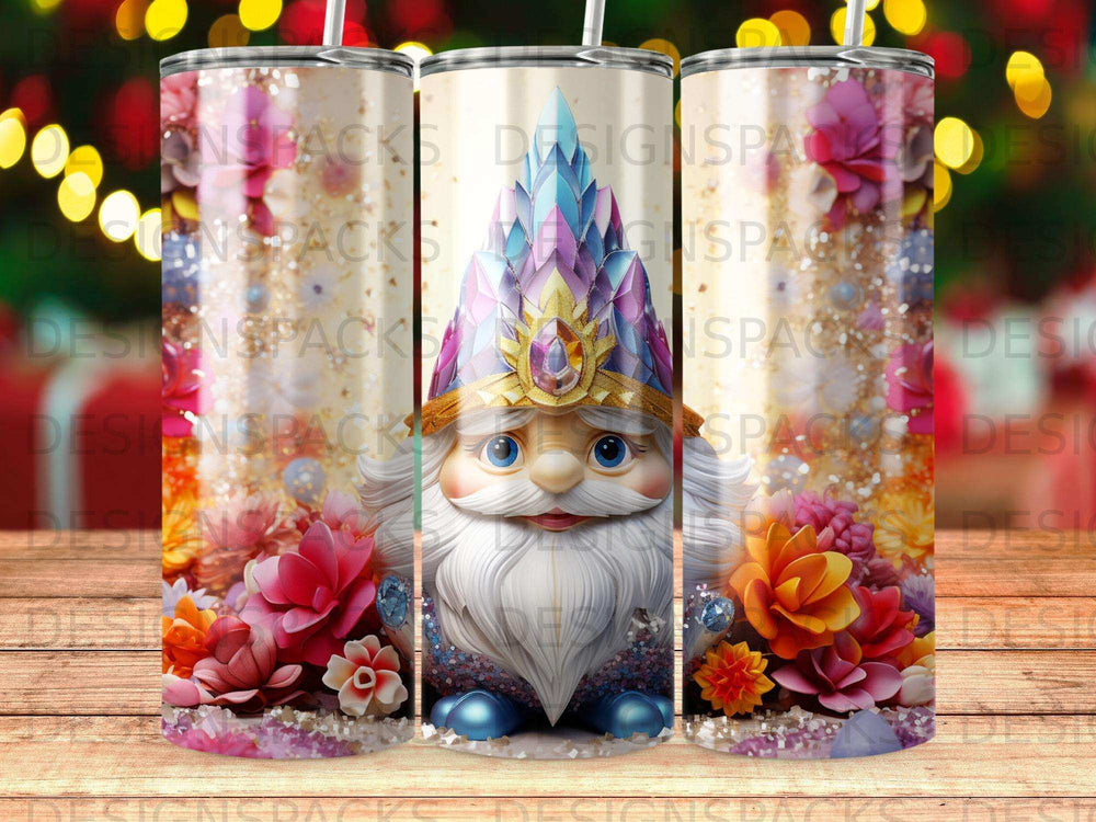 Gnome with gem-studded crown surrounded by colorful flowers.