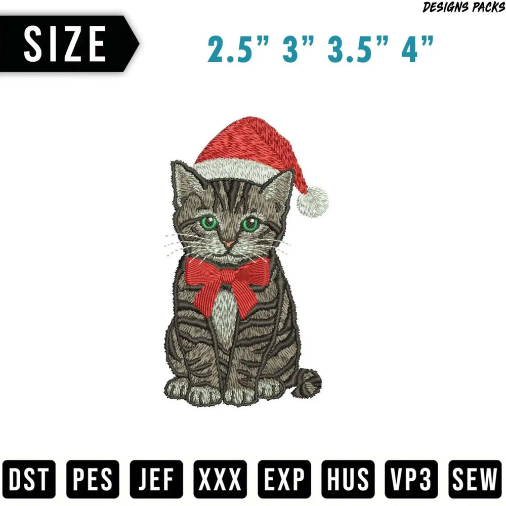 Embroidery design of a grey tabby kitten wearing a Santa hat and red bow.
