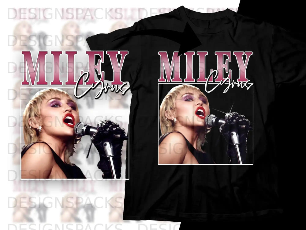 Miley Cyrus on stage singing into a microphone, bold text above.