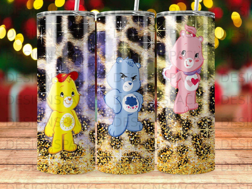 Three Care Bears on tumblers with leopard print and glitter background.