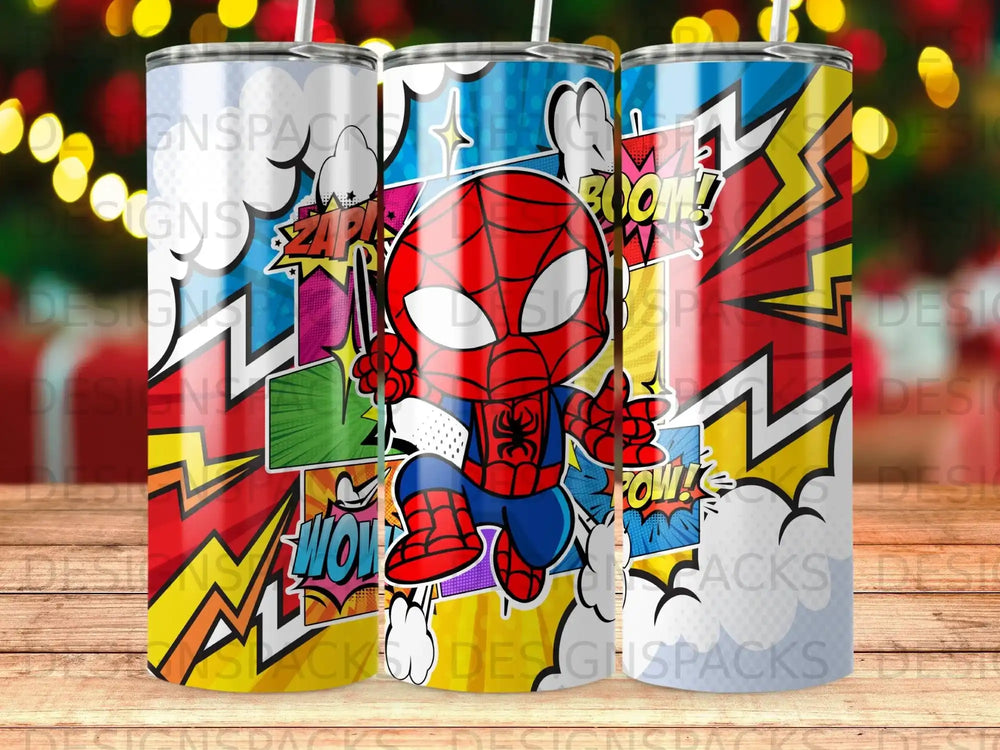 Spider-Man in comic book style with "POW!" and "BOOM!" graphics.