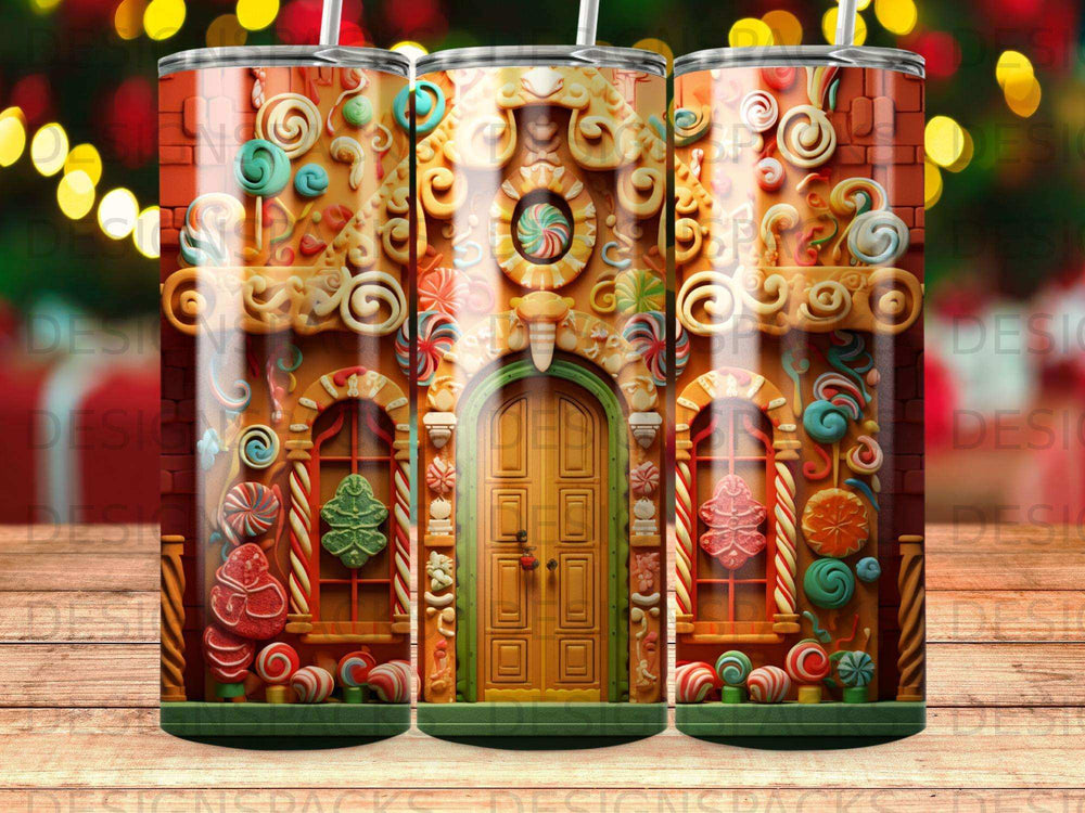 Gingerbread house tumbler with candy decorations and colorful lights.