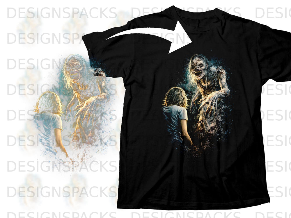 Black t-shirt with graphic of a child facing a zombie.