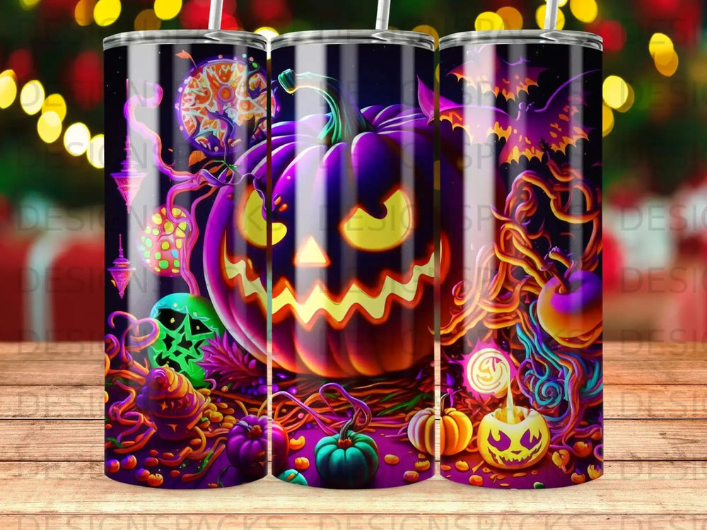 Halloween tumbler with carved pumpkin, spooky characters, and colorful designs.