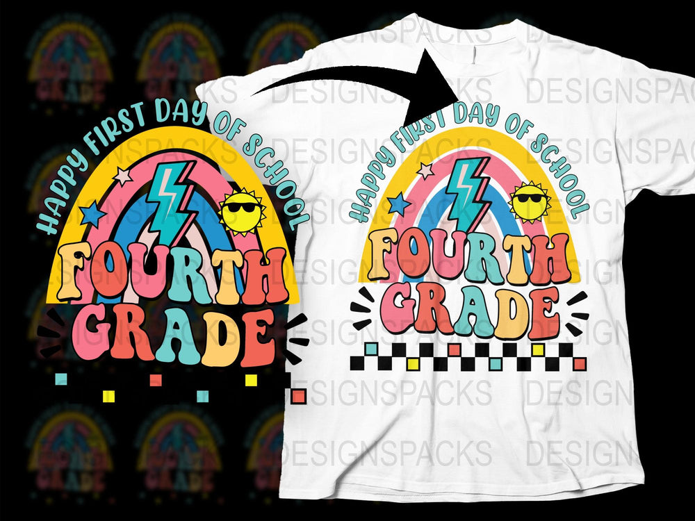 Happy First Day of School Fourth Grade T-Shirt, Colorful Kids Teacher Tee, Back to School Outfit, Unisex Youth Shirt
