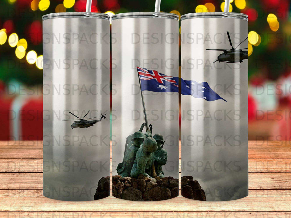 Australian flag and soldiers memorial with helicopters, white tumbler mockup.