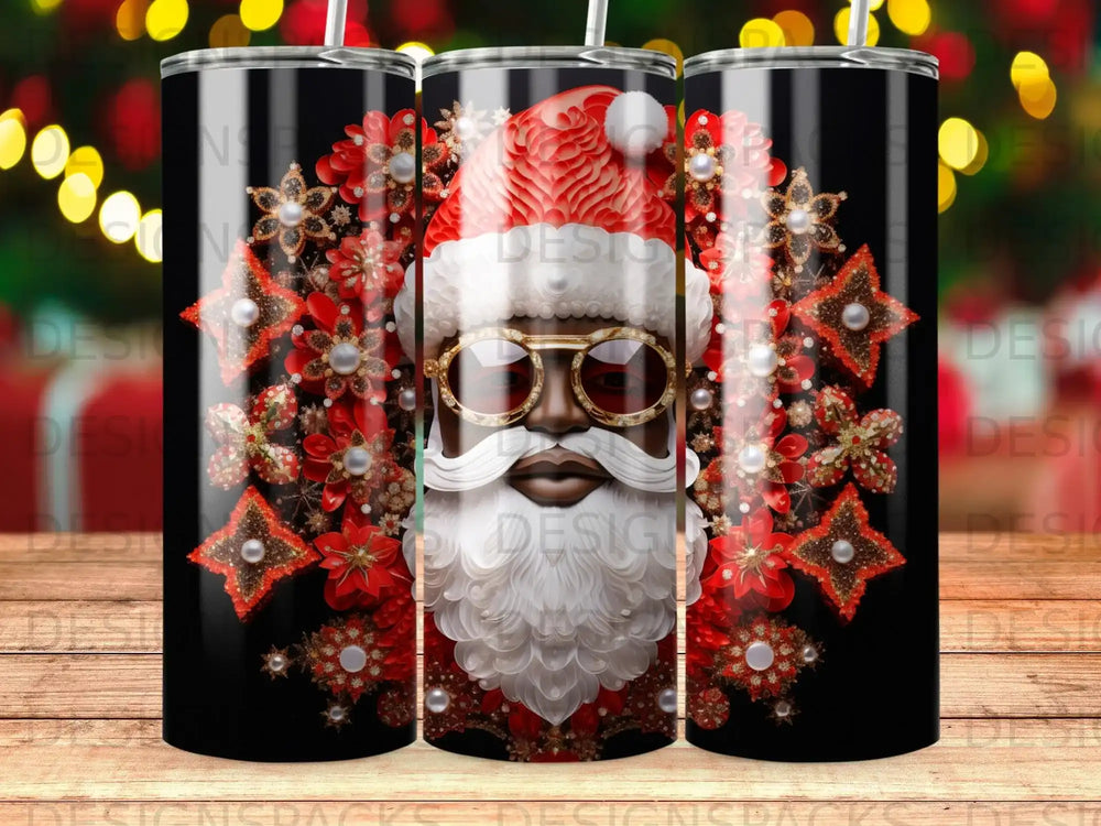 Santa Claus with gold glasses surrounded by red floral ornaments.