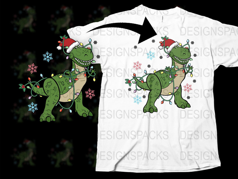 Kids Dinosaur Christmas T-Shirt, Cute Holiday T-Rex with Lights Design, Festive Winter Apparel for Children