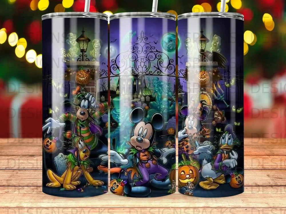 Mickey and friends in Halloween costumes with pumpkins and a spooky mansion background.