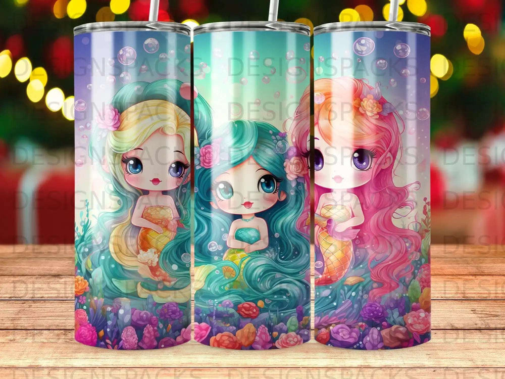 Three cartoon mermaids with colorful tails and hair, against a floral background.