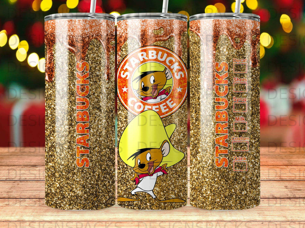 Starbucks tumbler with glitter, cartoon mouse, and coffee drink options.