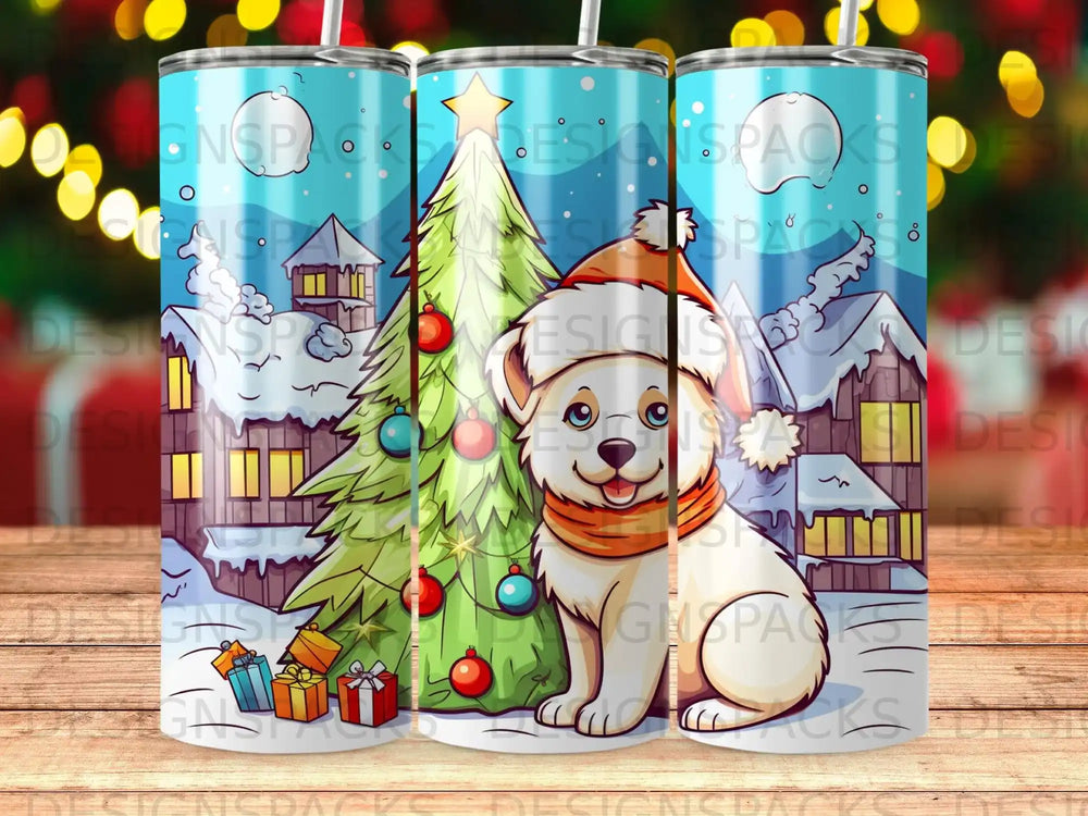 Christmas scene with dog, presents, and decorated tree on a tumbler.