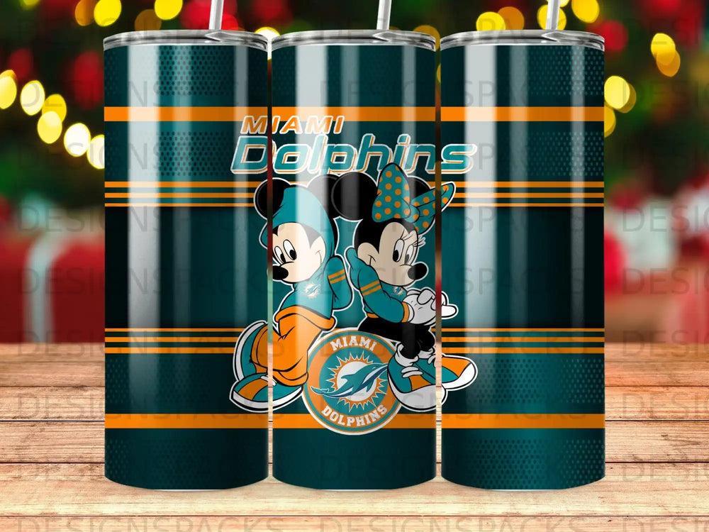 Miami Dolphins Mickey and Minnie Mouse on a blue and teal striped tumbler.