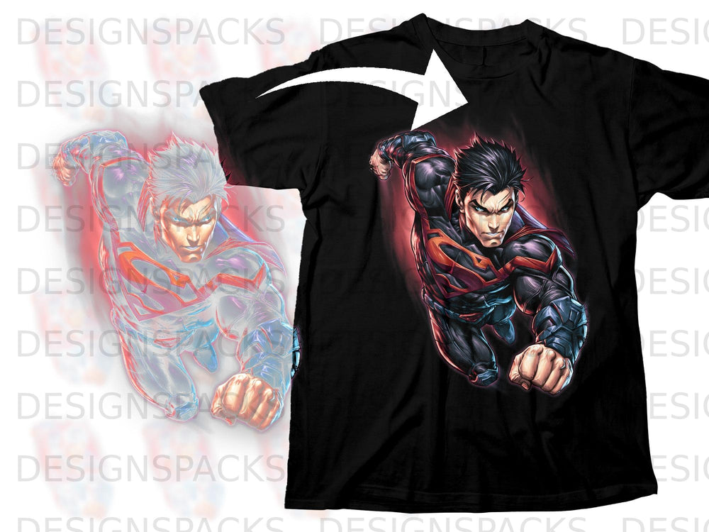 Black t-shirt with graphic of a man in a red and black costume punching forward.