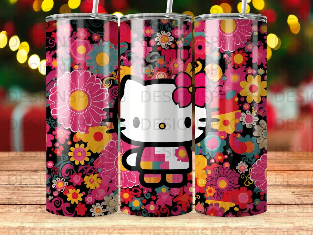 Hello Kitty on a floral pattern tumbler with a bokeh background.
