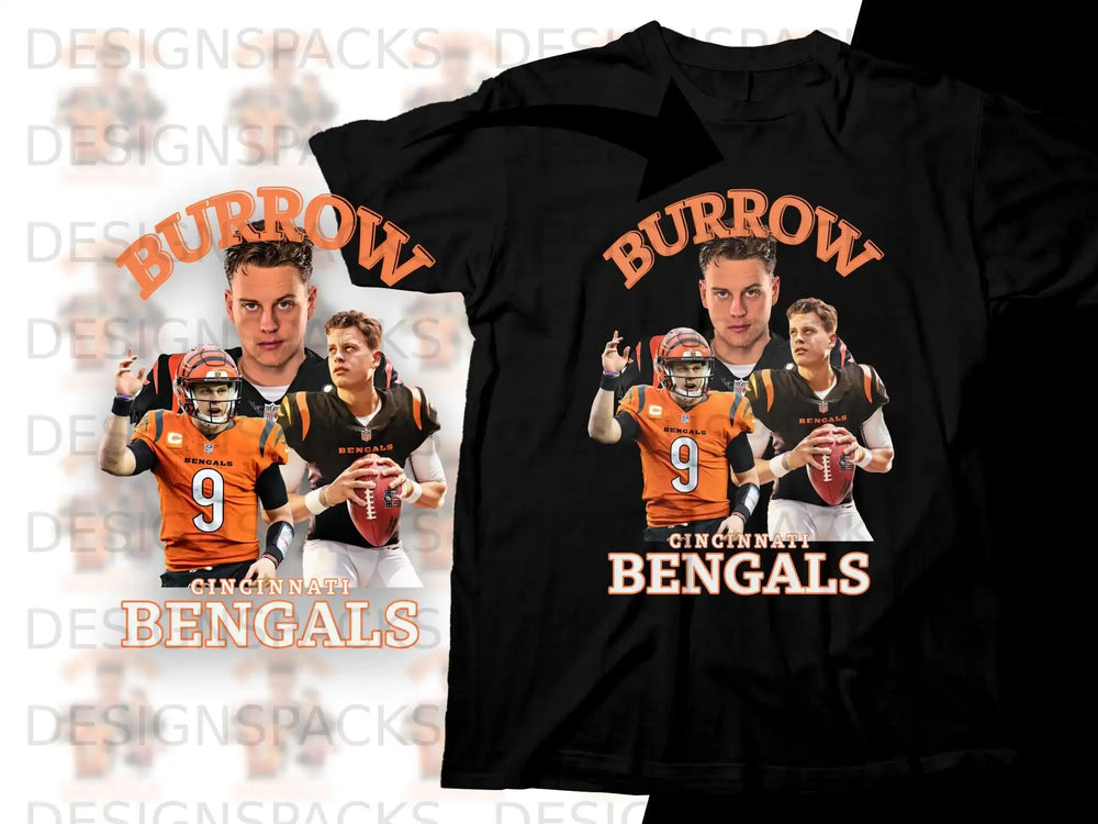 Cincinnati Bengals Joe Burrow t-shirt with player photos and team name.