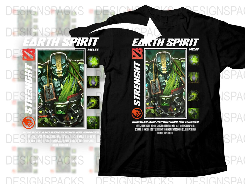 Earth Spirit Melee Dota-Inspired Black T-Shirt Gamer Graphic Tee Strength Design Unisex Clothing