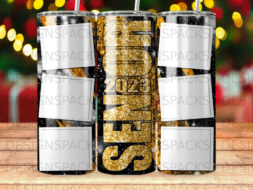 Gold 2023 text on tumbler with black and gold glittery background.