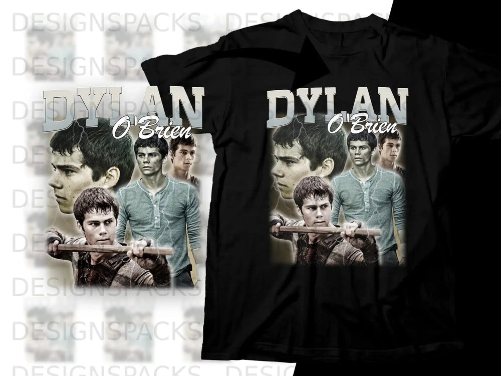 Collage of Dylan O'Brien on a black t-shirt design.