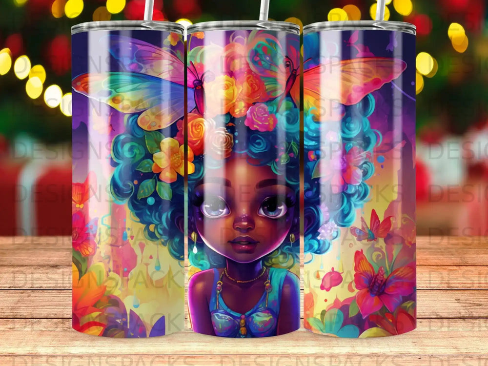 Illustration of a Black girl with colorful curly hair and butterflies.