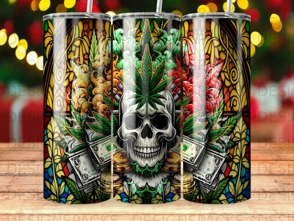 Skull and marijuana leaf with money and stained glass pattern.