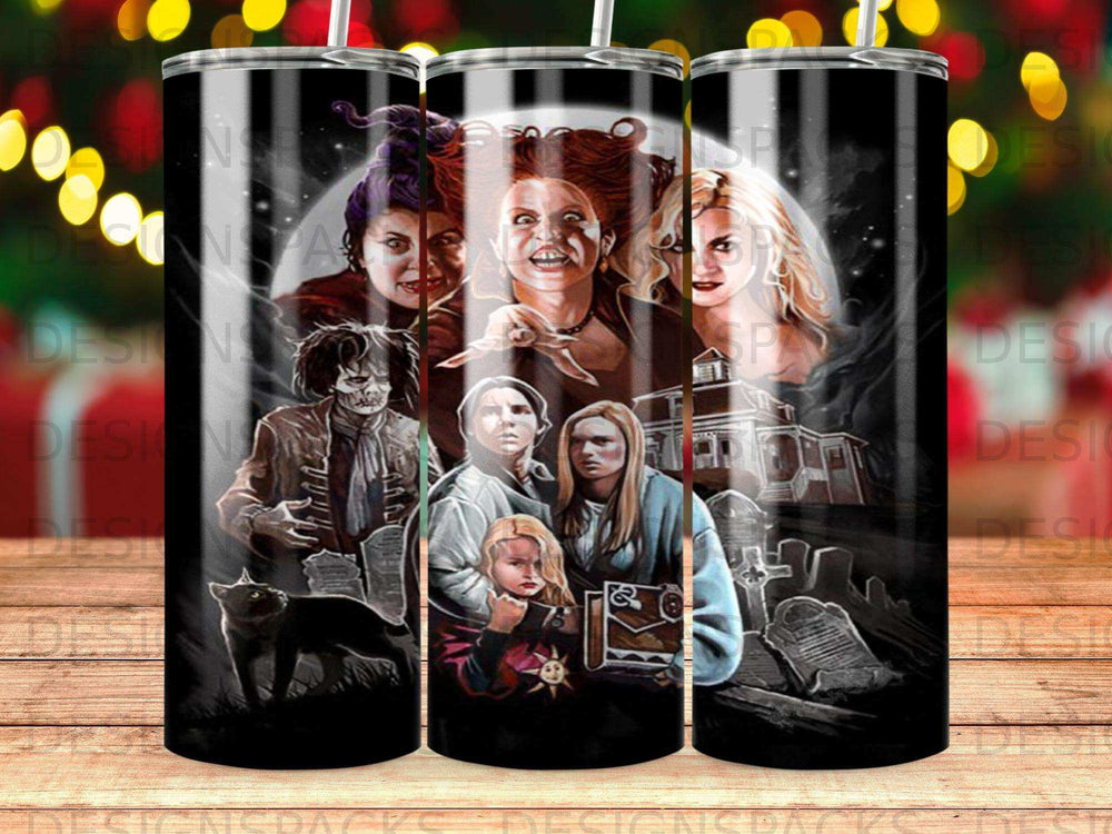 Hocus Pocus Sanderson sisters and Max and Dani with Binx and a graveyard.
