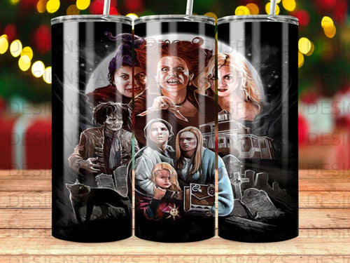 Hocus Pocus Sanderson sisters and Max and Dani with Binx and a graveyard.