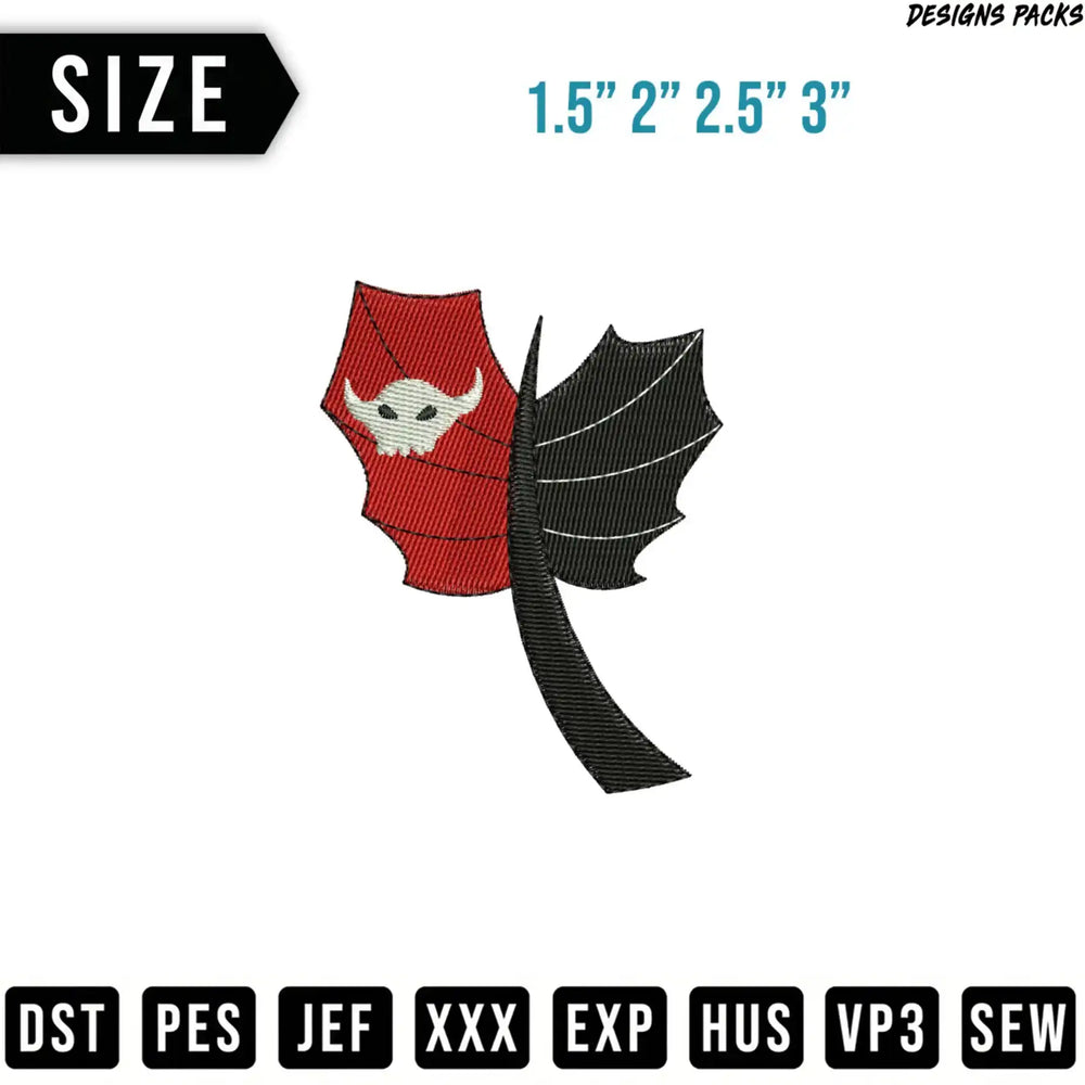 Red and black dragon wing logo with size options and file formats.