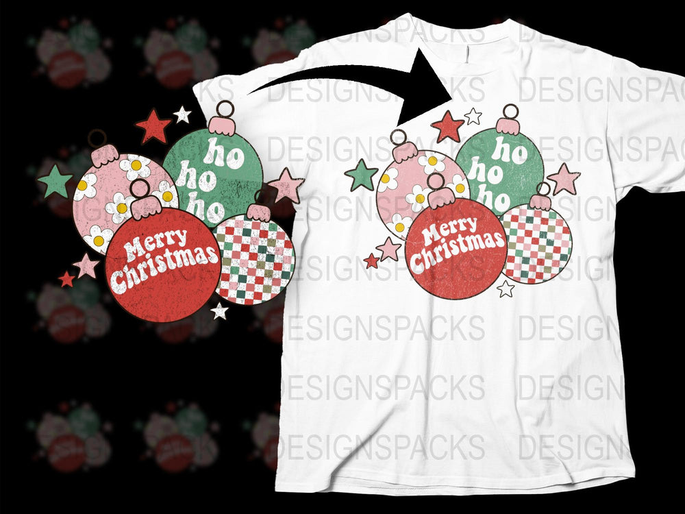 Merry Christmas T-Shirt, Festive Holiday Ornaments Design, Casual Unisex Xmas Apparel