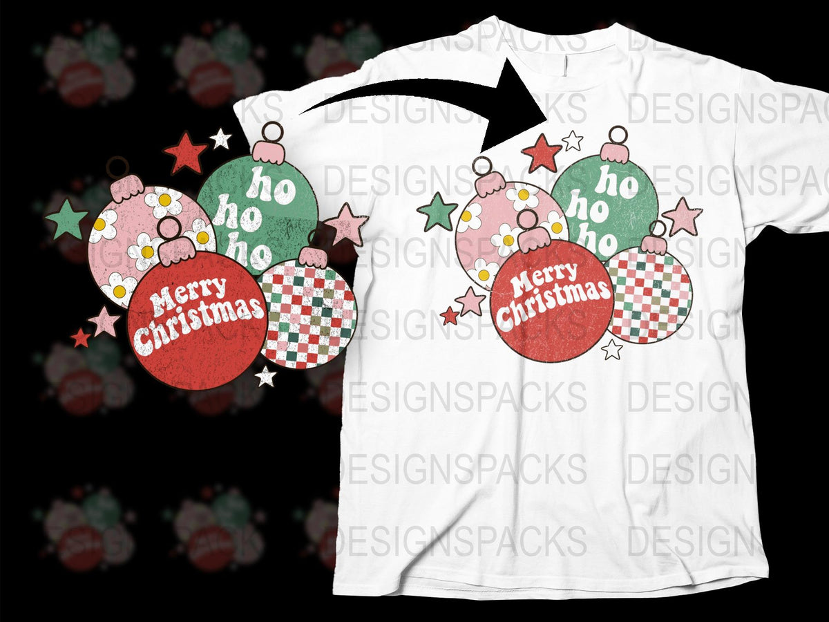 Merry Christmas T-Shirt, Festive Holiday Ornaments Design, Casual Unisex Xmas Apparel