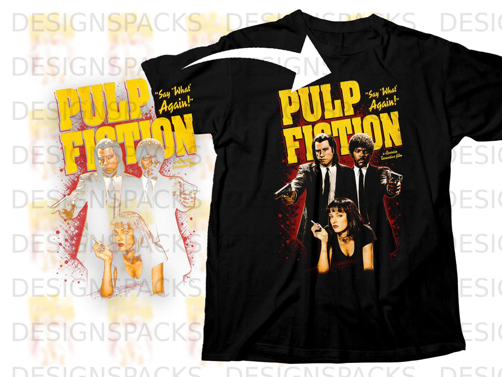 Black t-shirt featuring "Pulp Fiction" title with characters and "Say What Again!" text.
