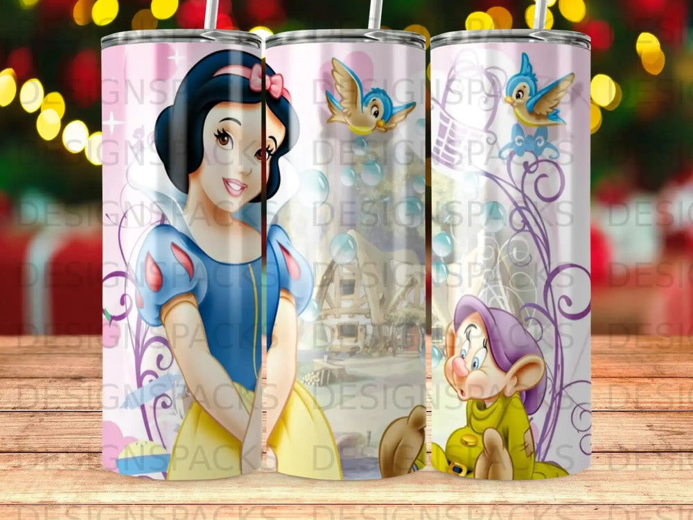 Snow White and Doc with a castle in the background.