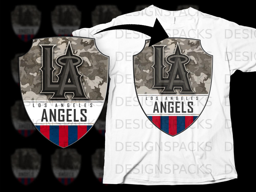 Los Angeles Angels logo with camouflage shield on a white t-shirt.