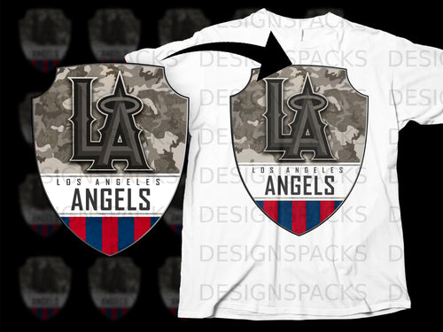 Los Angeles Angels logo with camouflage shield on a white t-shirt.