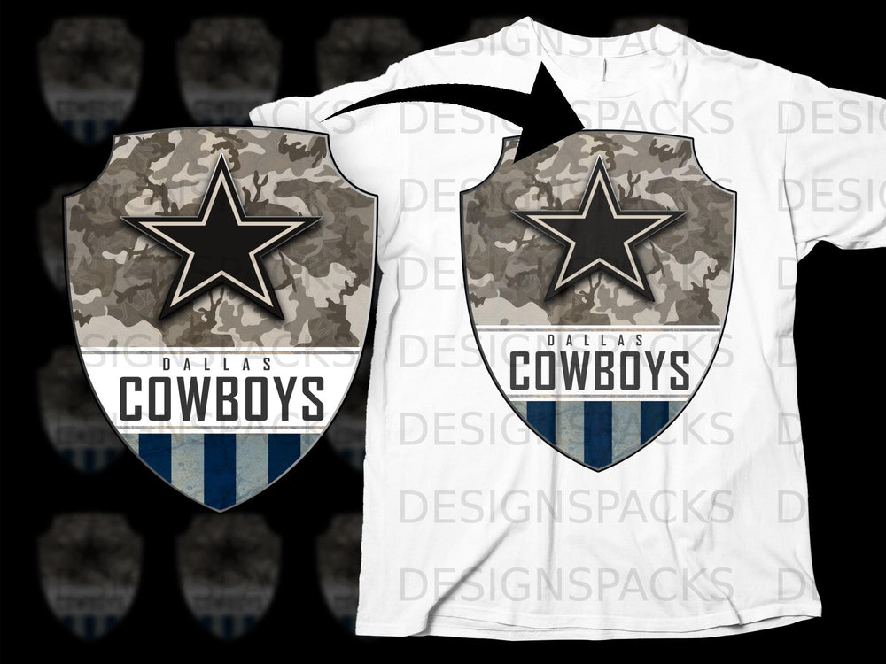 Dallas Cowboys shield logo with camouflage and blue stripes on a white t-shirt.
