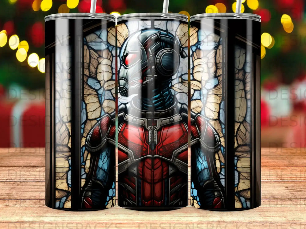 Ant-Man in a stained-glass style against a blurred bokeh background.