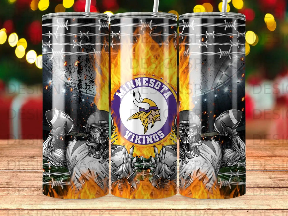 Minnesota Vikings skull and football player tumbler with fire and barbed wire.