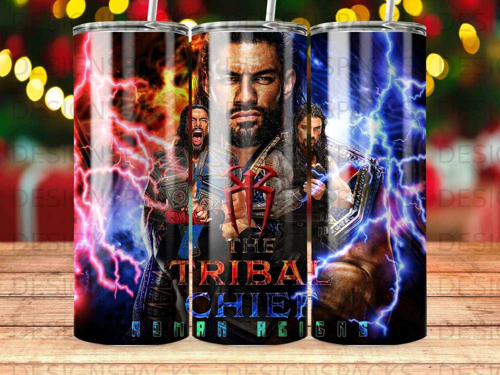 Roman Reigns as The Tribal Chief with championship belts, surrounded by lightning.