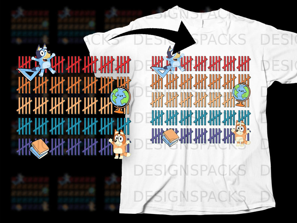 Bluey and Bingo with tally marks, books, and a globe design on a white t-shirt.