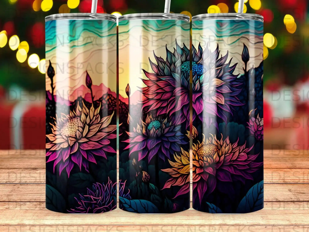 Floral pattern tumbler with vibrant blue, purple, and yellow flowers.