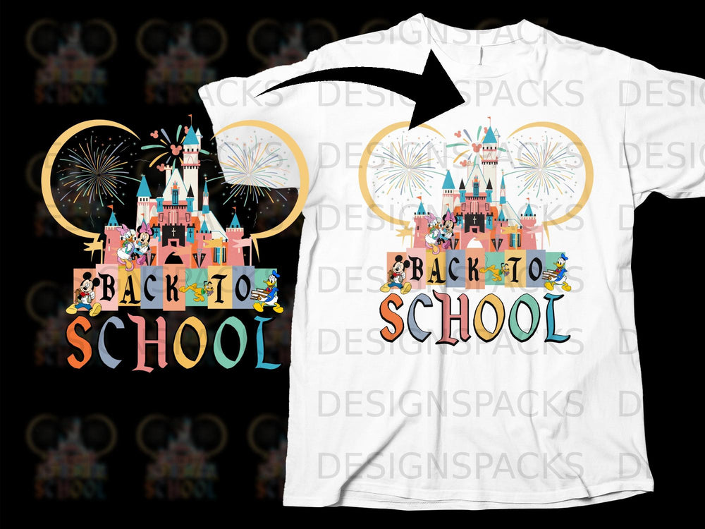 Disney castle with Mickey Mouse characters and "Back to School" text.