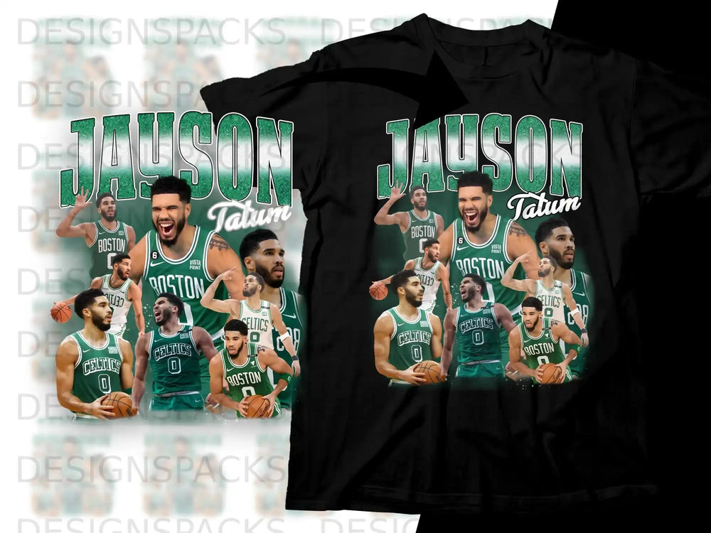 Jayson Tatum in Celtics uniform, athletic design with "Tatum" text.