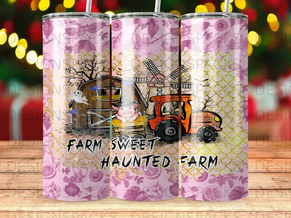 Pink tumbler with "Farm Sweet Haunted Farm" text, pig, tractor, and windmill.