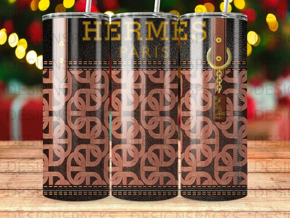 Hermes Paris pattern on a tumbler with leather accents.