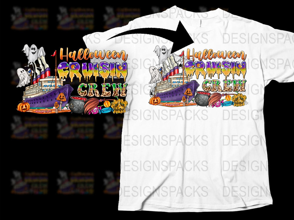 Halloween Ghost Ship T-Shirt, Spooky Crew Design, Haunted Pirate Graphic Tee, Colorful Festival Clothing for All Ages