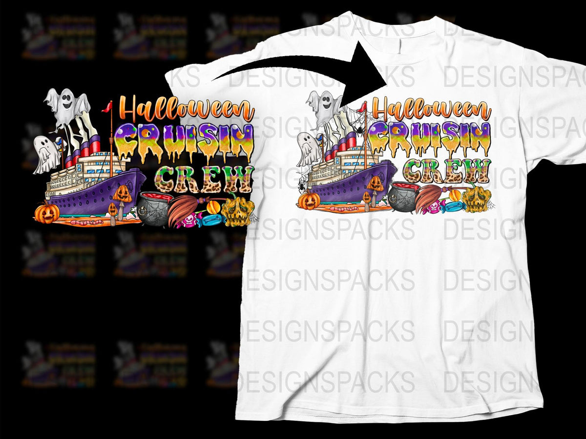 Halloween Ghost Ship T-Shirt, Spooky Crew Design, Haunted Pirate Graphic Tee, Colorful Festival Clothing for All Ages