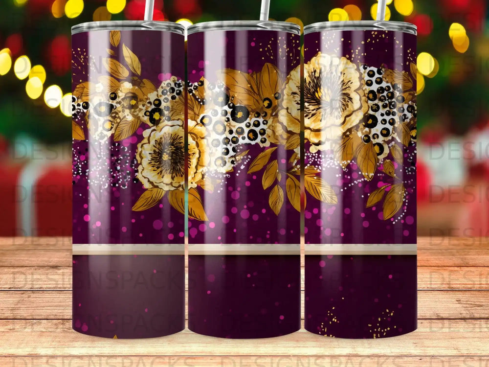 Purple tumbler with floral and leopard print design, scattered gold dots.