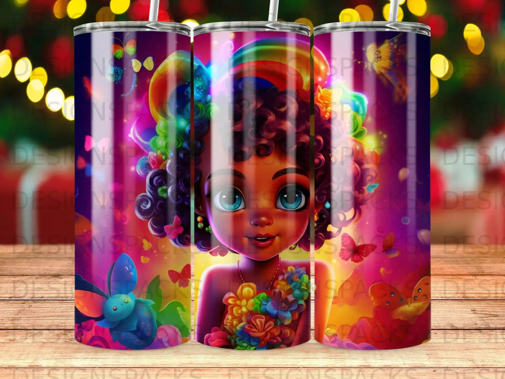 Young Black girl with rainbow hair, colorful flowers, and butterflies.