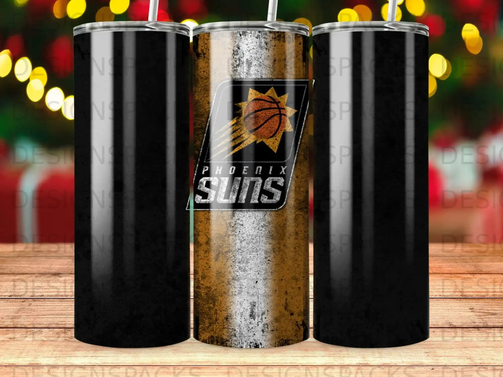 Phoenix Suns basketball team logo on a textured orange and black tumbler.